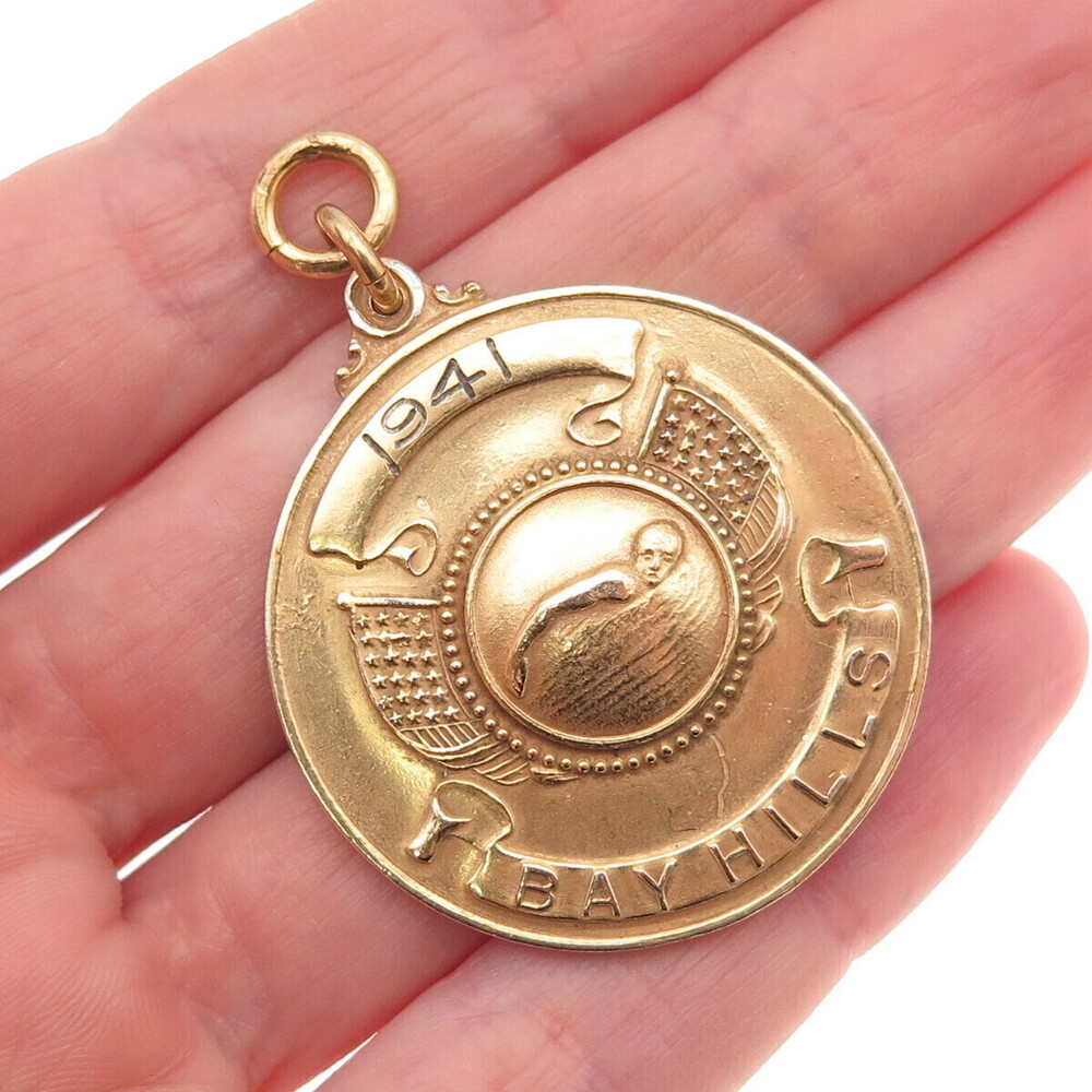 1/20 10K Gold Filled Antique WWII 1941 Bay Hills Swimming Medal Charm Pendant